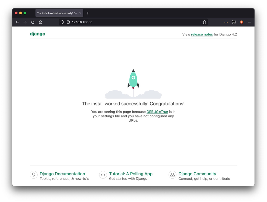 Firefox web browser showing the default Django welcome screen: The install worked successfully! Congratulations!