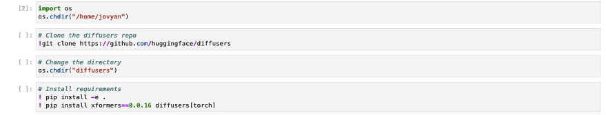The next four cells setup our development environment by cloning the Hugging Face diffusers GitHub repository and installing some python dependencies that the diffusers need. Additionally, install xFormers in order to enable memory efficient attention, as described in the dreambooth example.