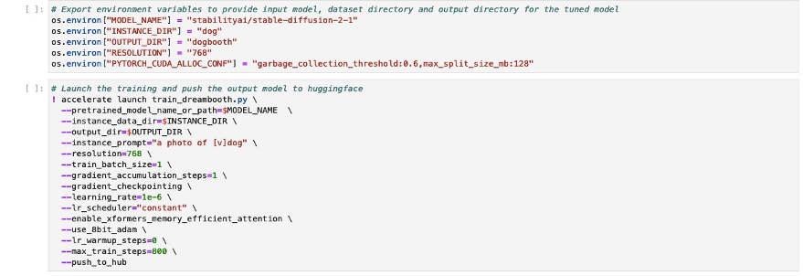 Now, you can launch training after setting up environment variables for the location of the input model, dataset directory, and output directory of the tuned model. Hugging Face accelerate does all the heavy lifting to help us experiment with the model. The hyper-parameters used for the following sample are optimized for the training to run successfully on 1 NVIDIA A10G GPU with 24 GB memory.