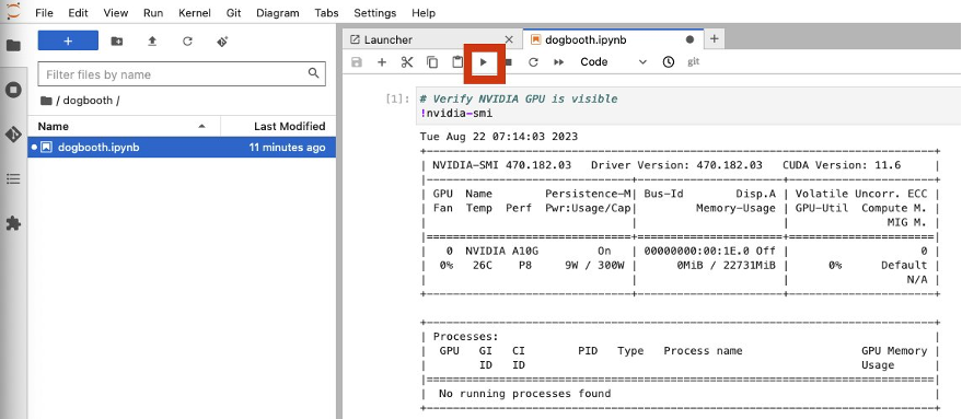 You can then step through the notebook’s cells as shown in the following figure. The first cell runs the NVIDIA System Management Interface (nvidia-smi) to verify our notebook instance is correctly provisioned on the GPU node and it sees the underlying NVIDIA A10G GPU.