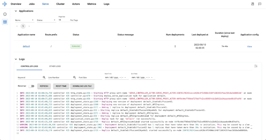 You can now view the RayService under the Serve tab on the dashboard.