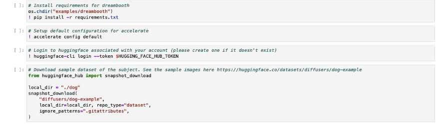 Upon successful installation of bitsandbytes, next setup the requirements for running the dreambooth training script. This includes installing some additional dependencies, setting up a default configuration for accelerate , logging into Hugging Face, and downloading a sample dataset from Hugging Face.