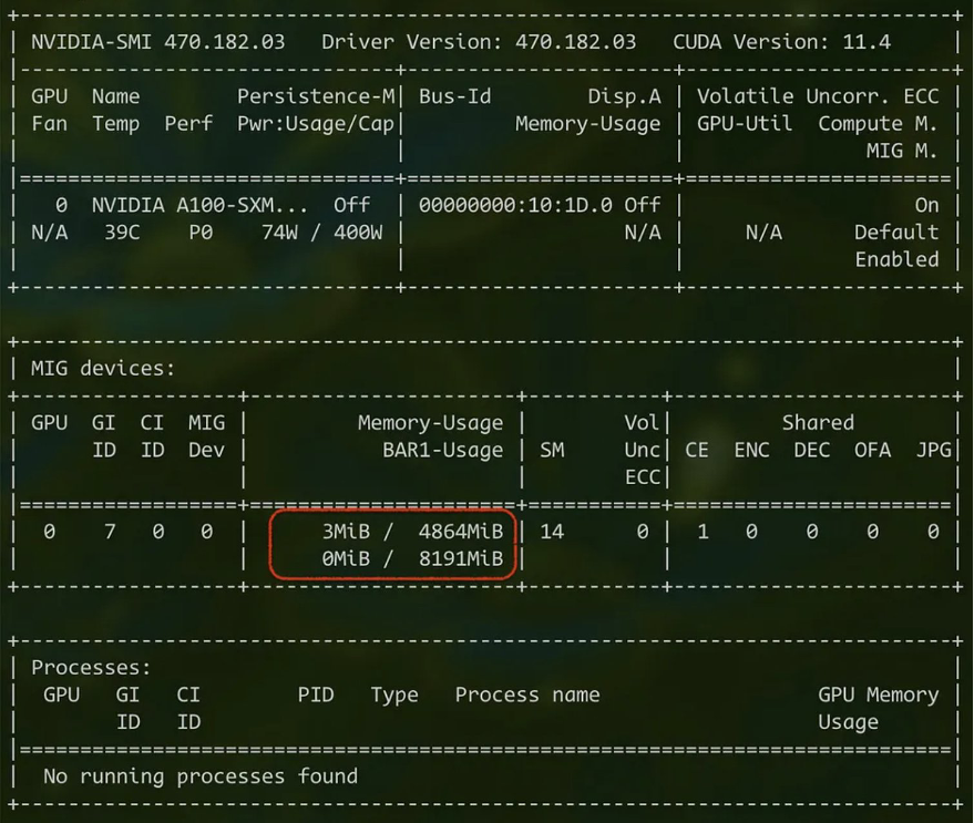Image shows allocated GPU resources after running the nvidia-smi command by executing into the container