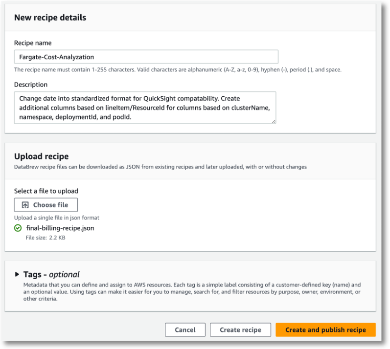 Upload billing recipe view on AWS Glue Databew console.