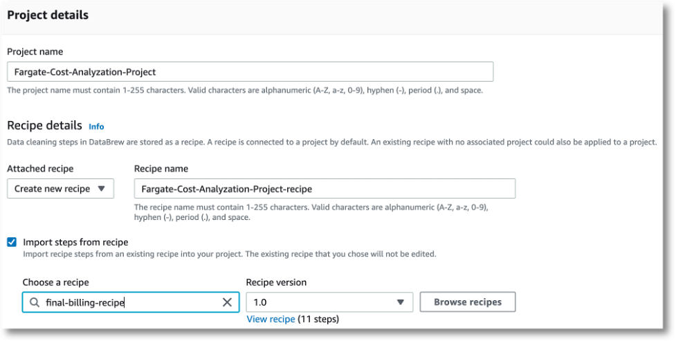 AWS Glue Databrew project details console view