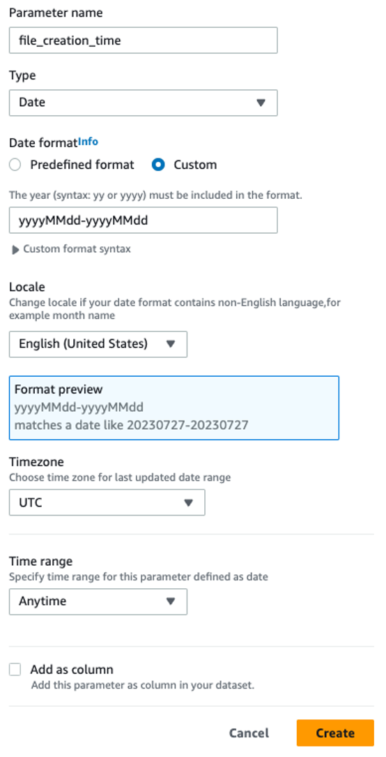 Console view of AWS Glue Databrew for date and time format configuration.