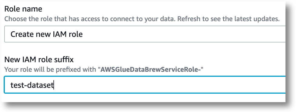Console view of AWS Glue data brew showing AWS IAM role configuration for monthly job