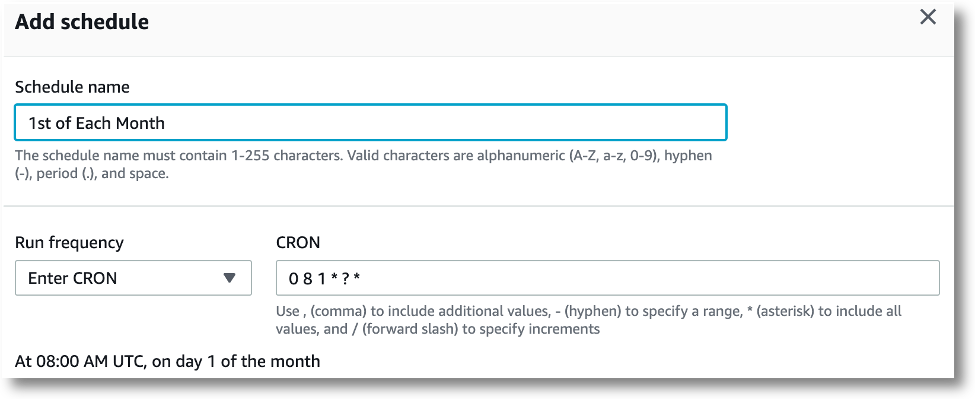 Console view of AWS Glue data brew showing monthly job schedule configuration.