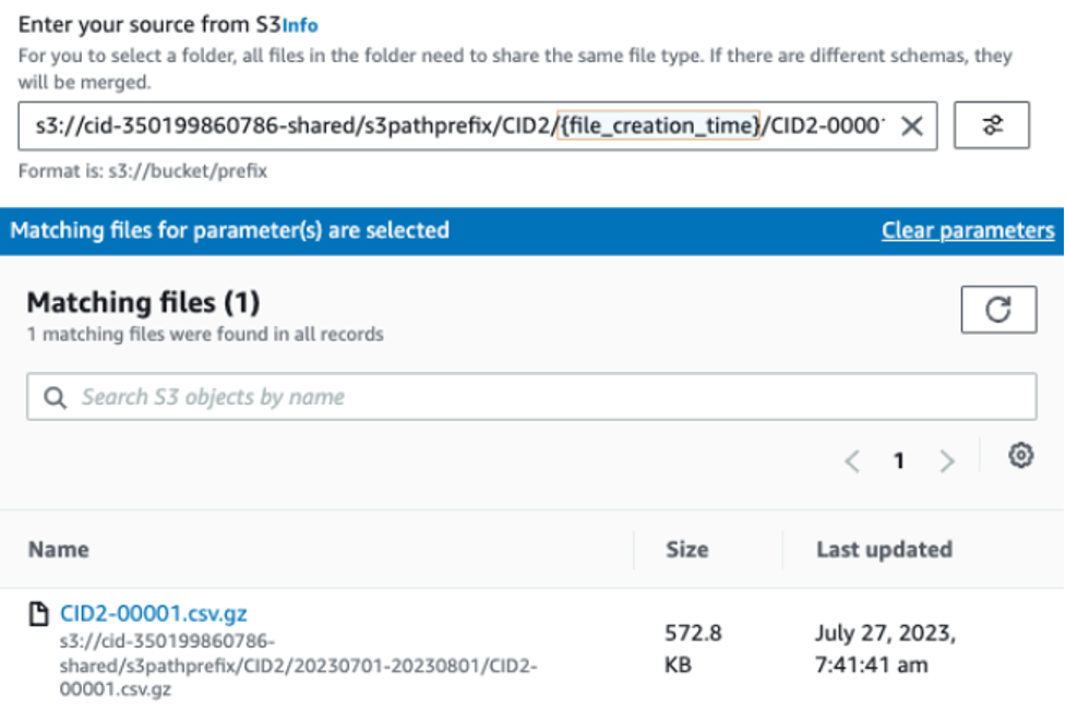 Console view of AWS Glue data brew showing matching files based on custom parameter configured.