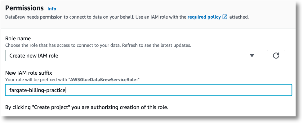 Console view of AWS Glue data brew showing AWS IAM role permissions configuration