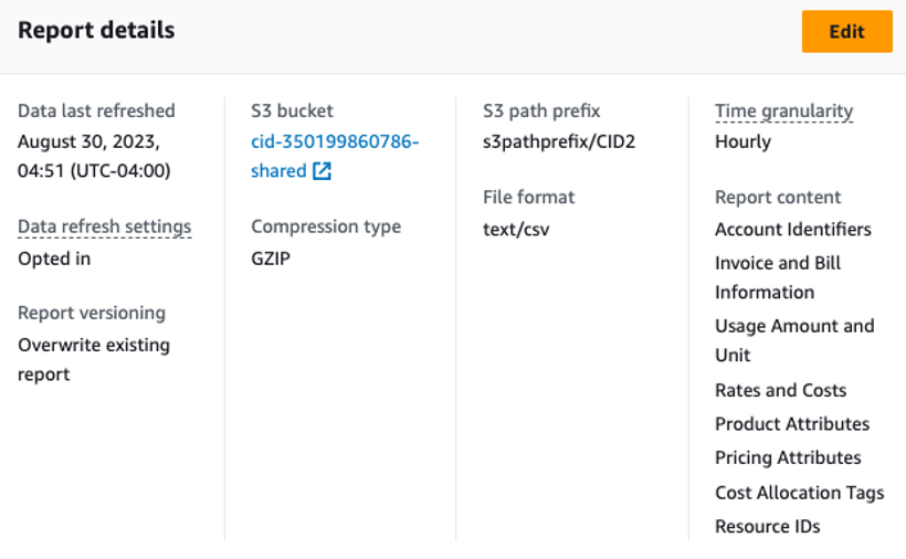 CUR report configuration details