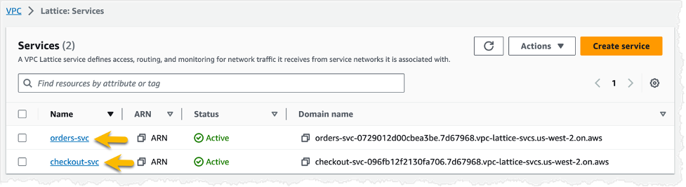Amazon VPC Lattice services console