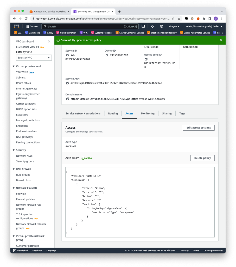 Enable a VPC Lattice Service with IAM Auth Policy