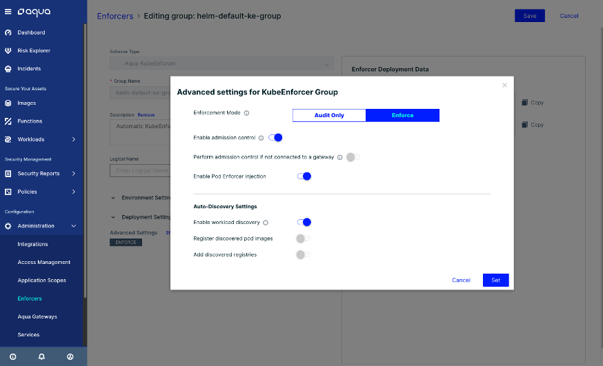 Aqua Security Platform Enforcer advanced settings 