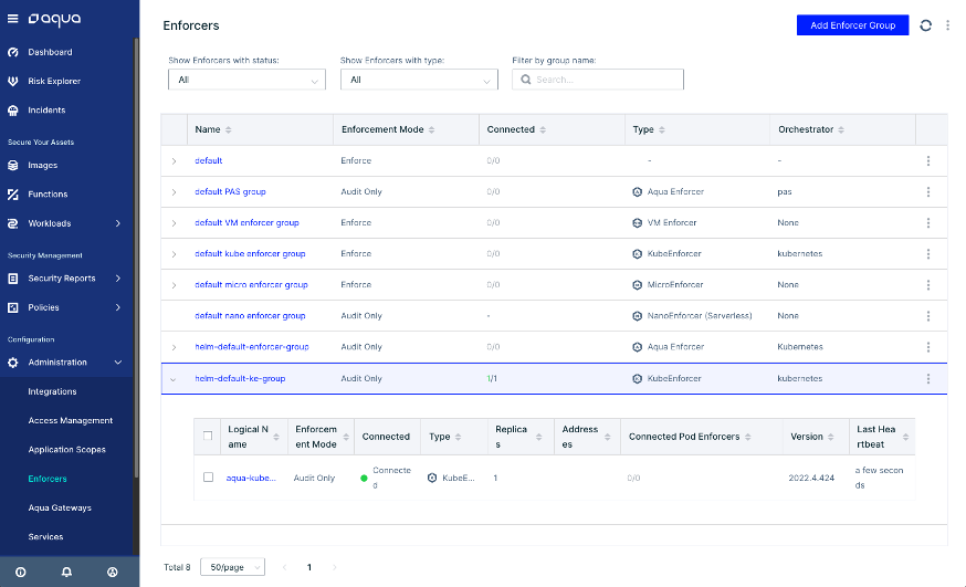 Aqua Security Platform Enforcer screen