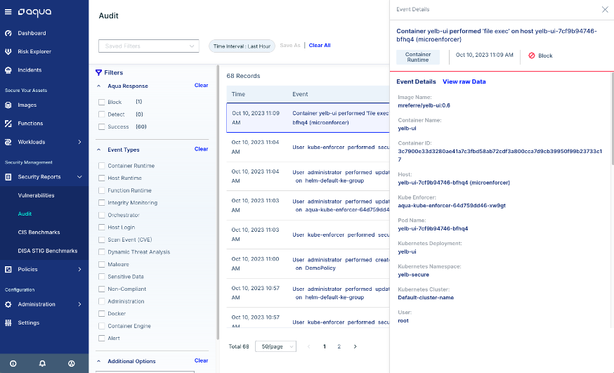 Aqua Security Platform audit screen for executables blocked