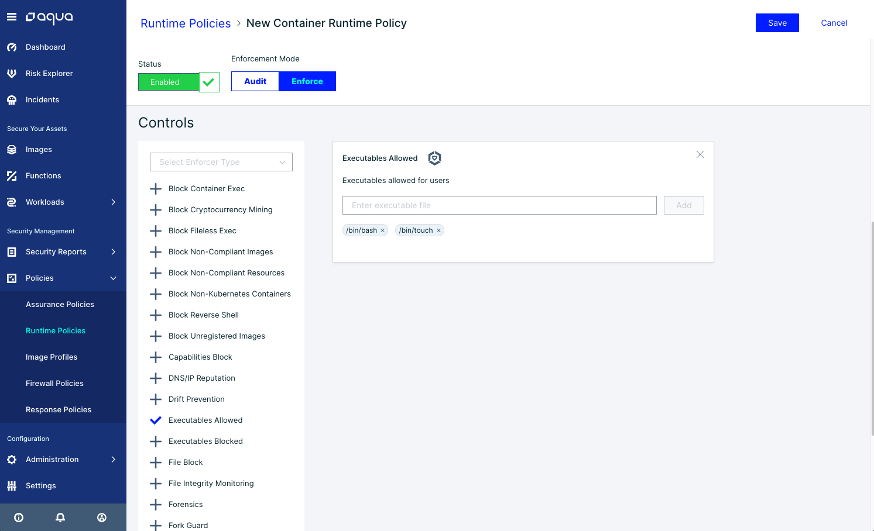 Aqua Security Platform runtime polices control selection