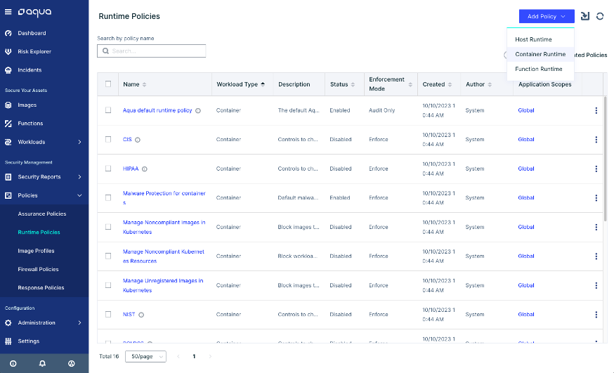 Aqua Security Platform runtime polices screen