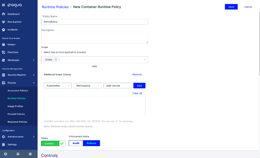 Aqua Security Platform runtime policies scope selection