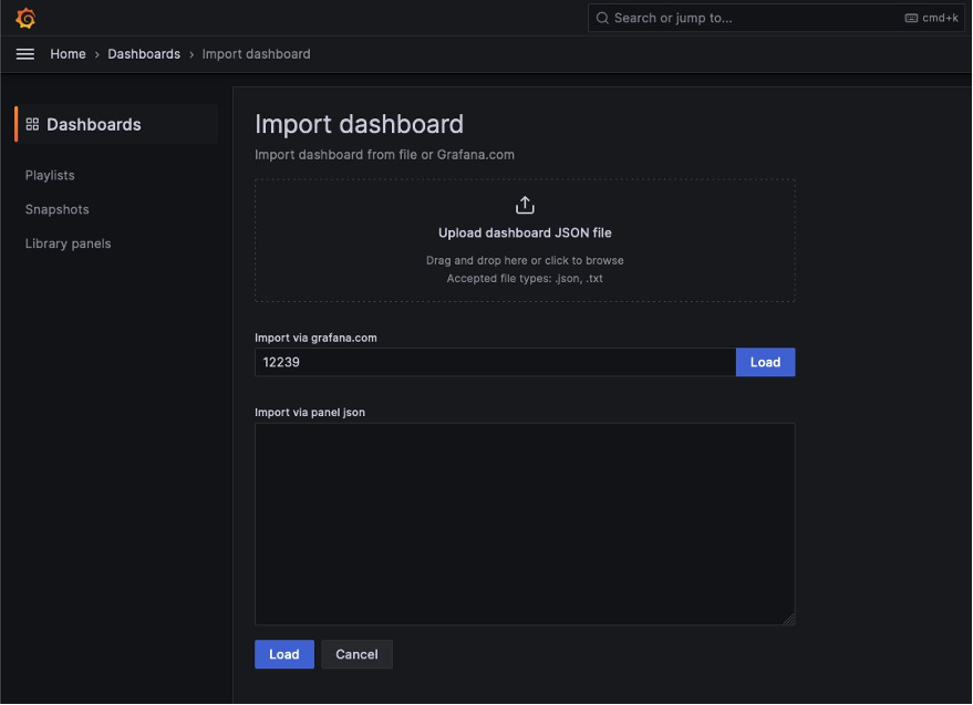Grafana dashboard import UI
