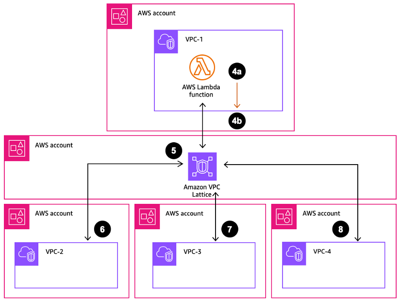 A Lambda function is used to proxy requests into the VPC Lattice service network and to the backend services.