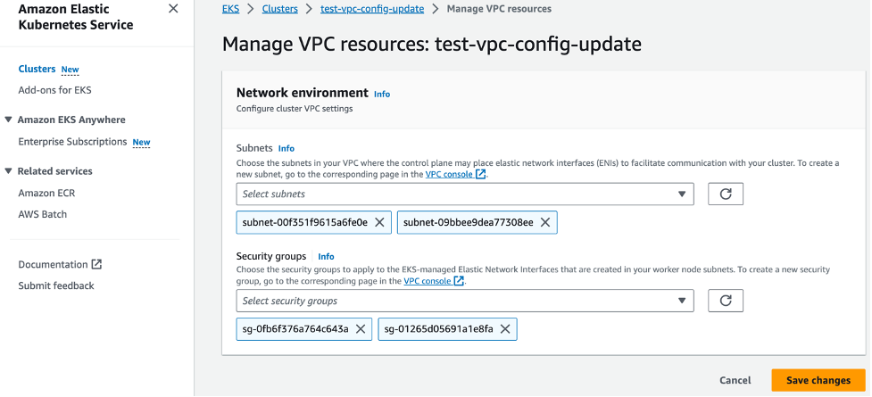 Adding subnets from Amazon EKS console