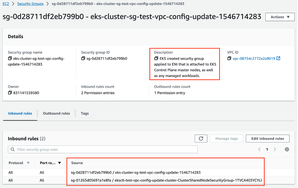 Cluster security group information on Amazon EKS console
