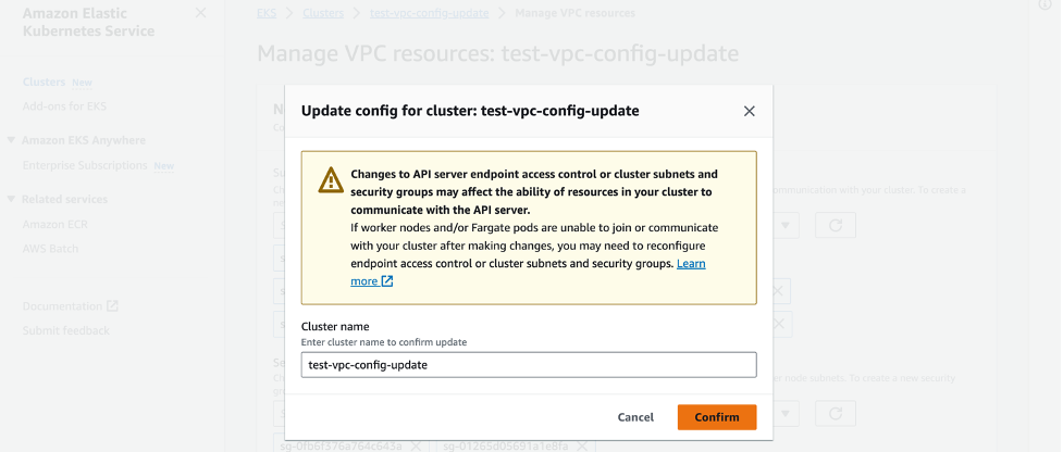 Updating subnets from Amazon EKS console