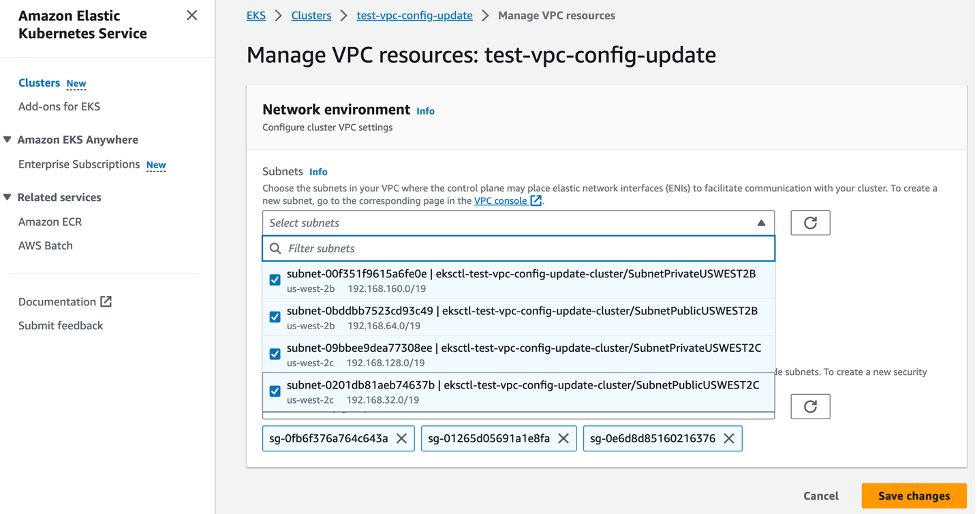 Adding subnets from Amazon EKS console