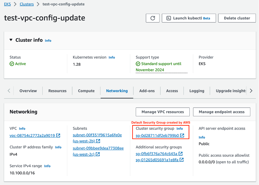 Cluster security group information on Amazon EKS console 