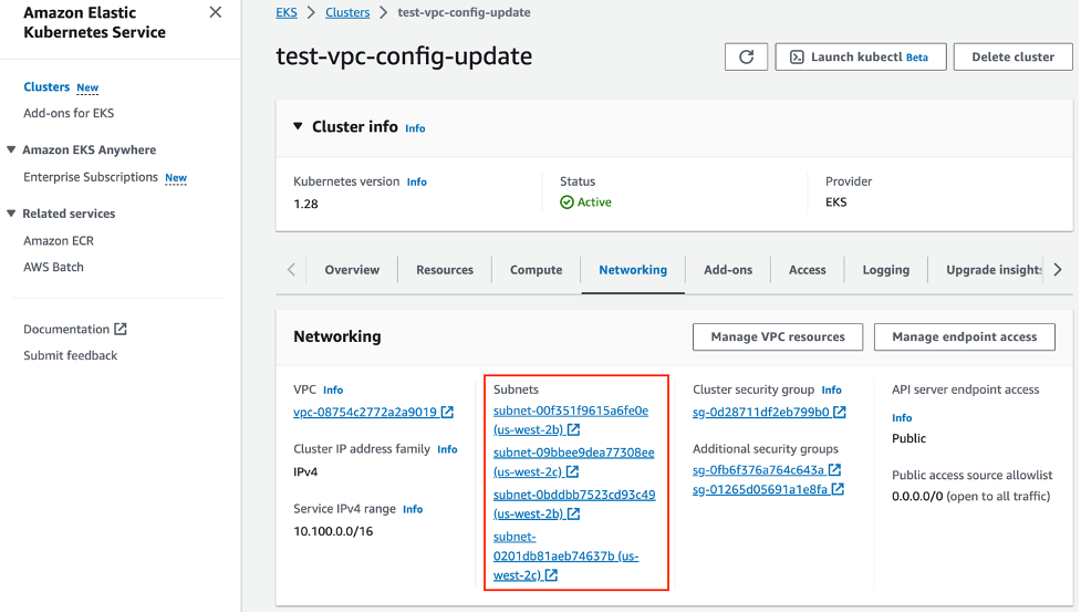 Cluster subnet information on Amazon EKS console