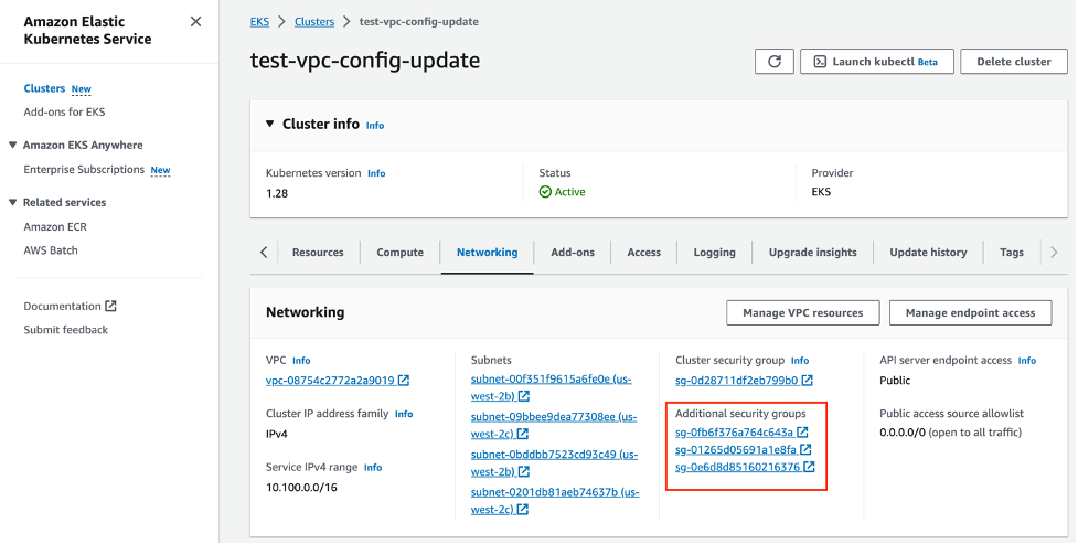 Cluster security group information on Amazon EKS console