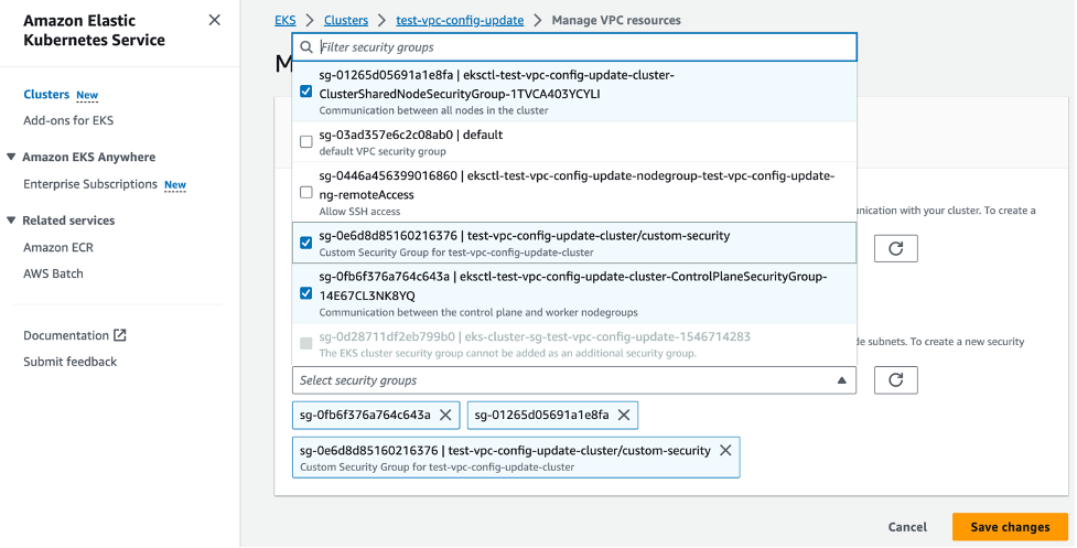Updating cluster security groups from Amazon EKS console
