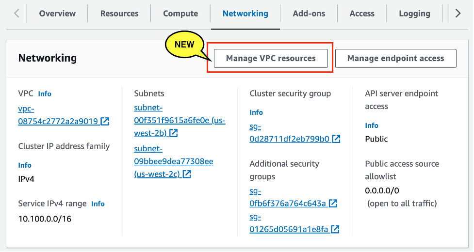 Managing VPC resources from Amazon EKS console