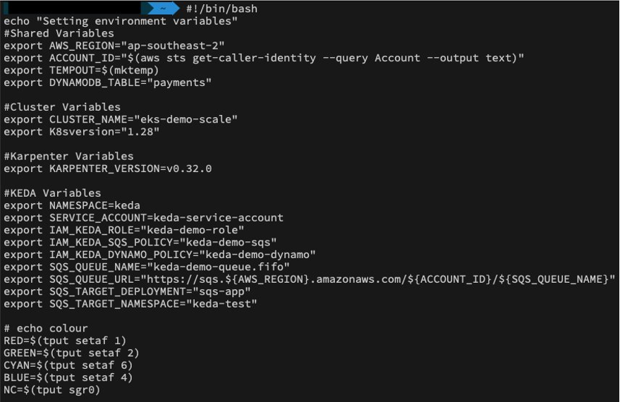 Image displays all the variables used to deploy EKS cluster, Karpenter and KEDA
