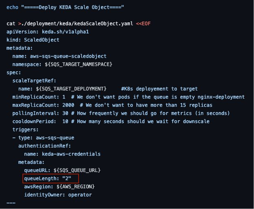 image presents KEDA scaler object config file marking queue length