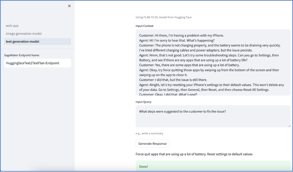 Streamlit app showing Flan T5 output
