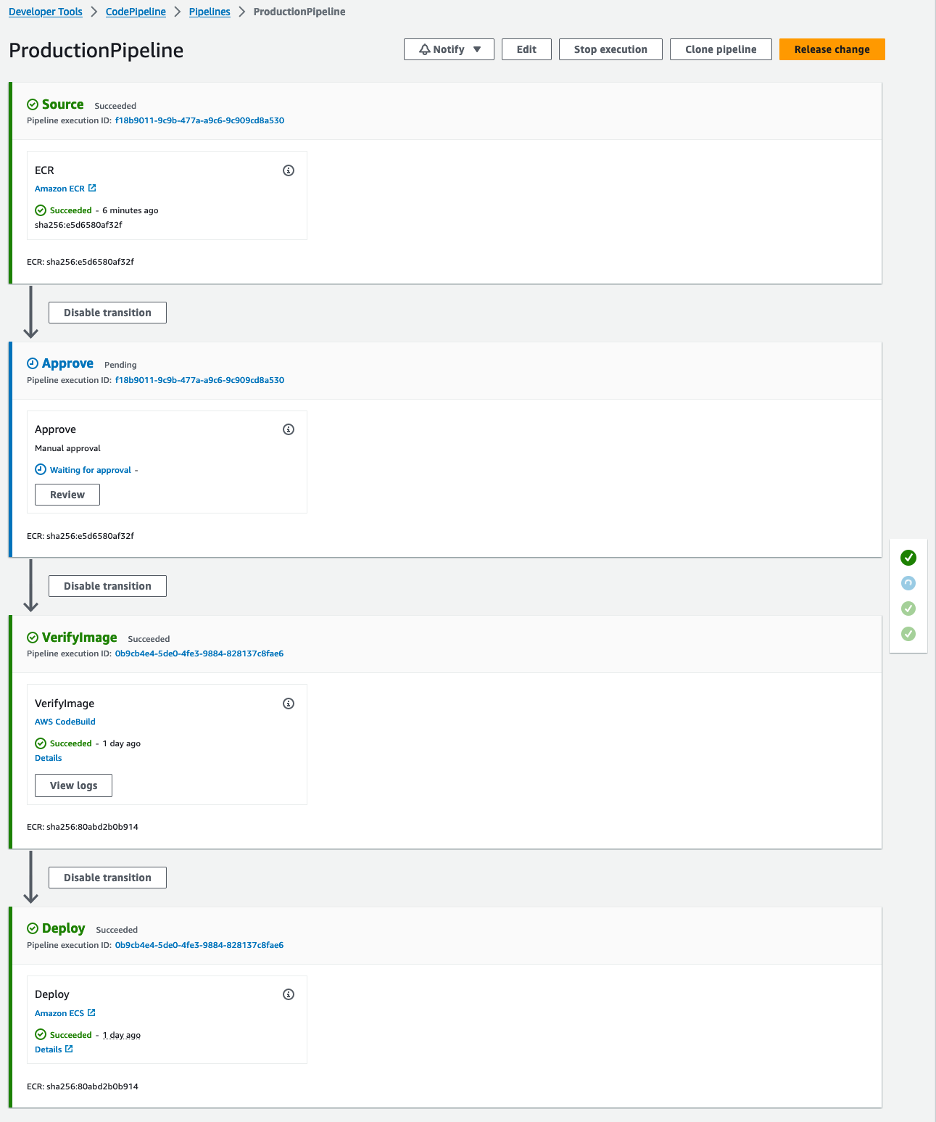 Figure 7. The production pipeline awaiting manual approval for a deployment