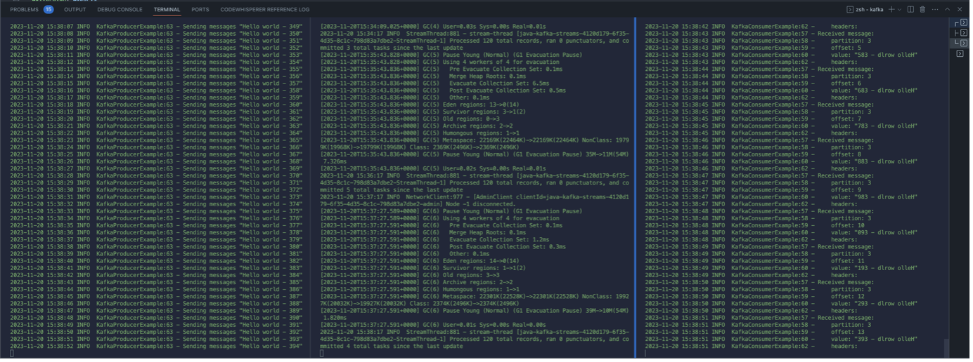 Displaying the output of a Kafka producer, Kafka streams, and Kafka consumer interacting for given Kafka topic my-topic