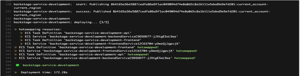 Our internal Backstage services deploying through hotswap in development – approximately three minutes