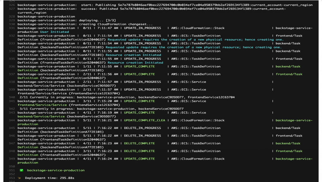 Our internal Backstage services deploying through a full deployment in production – approximately five minutes