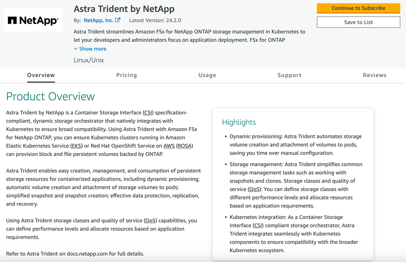 Amazon EKS Managed Add-on for NetApp Astra Trident CSI Driver