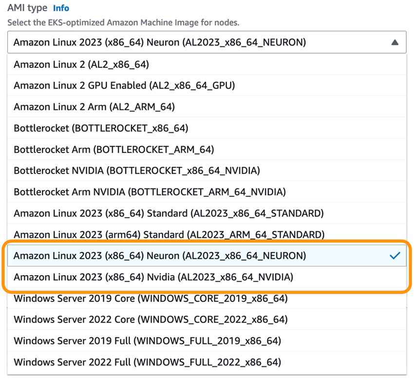 AMI type dropdown selection choices for EKS-optimized Amazon Machine Image for nodes highlighting the new accelerated Amazon EKS AL2023 AMIs