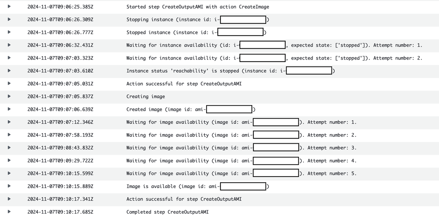 Figure 8: EC2 Image Builder logs showing AMI creation