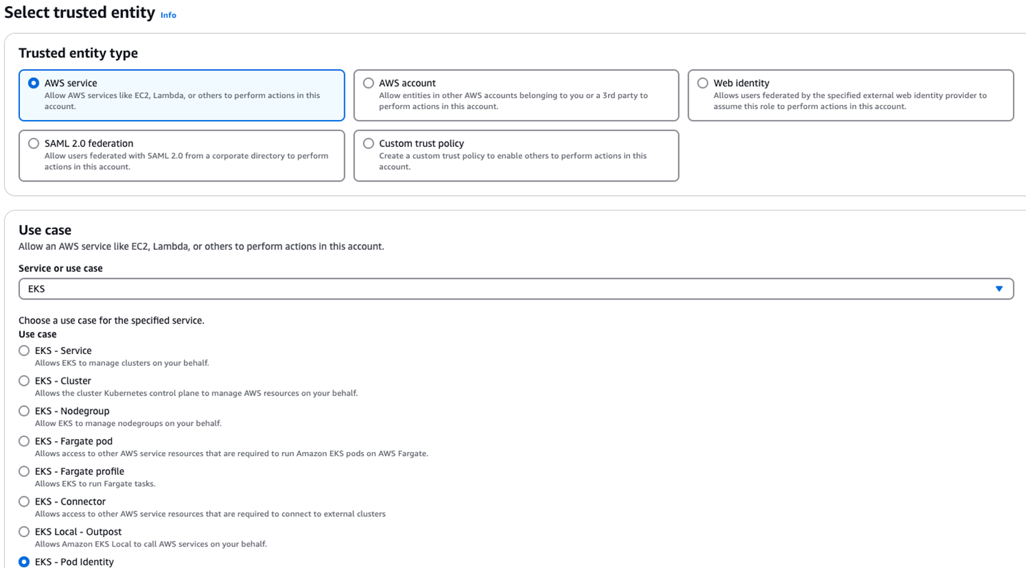 Figure 3: Selecting EKS Pod Identity as the trusted entity