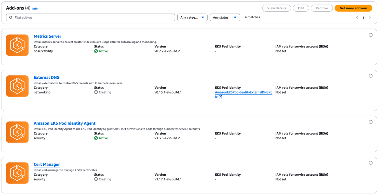 Figure 11: Cluster add-ons dashboard showing creation status