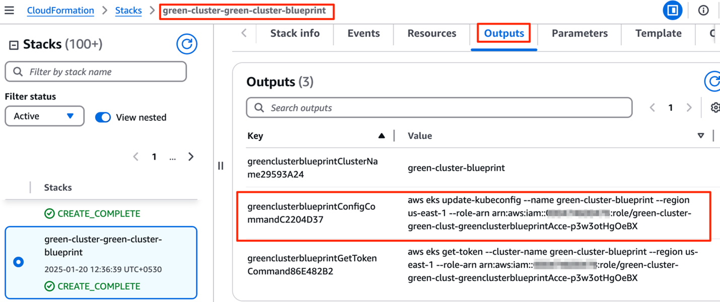 Figure 9: CloudFormation stack output for EKS green cluster