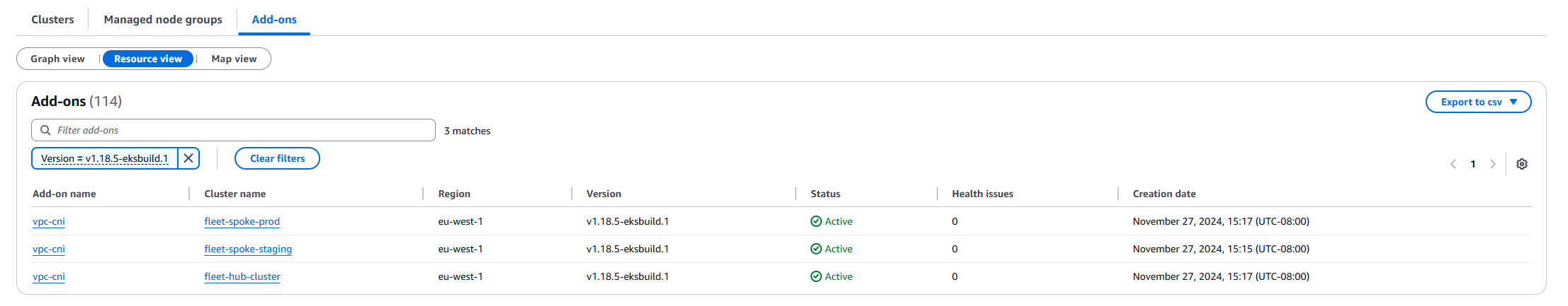 Figure 12: Resource view for Amazon EKS add-ons filtered by name and version