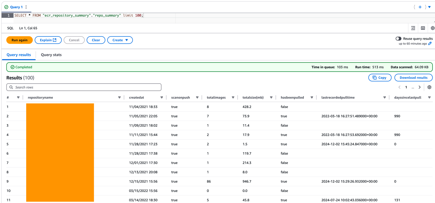 Using Amazon Athena to navigate the Repository Summary report with SQL
