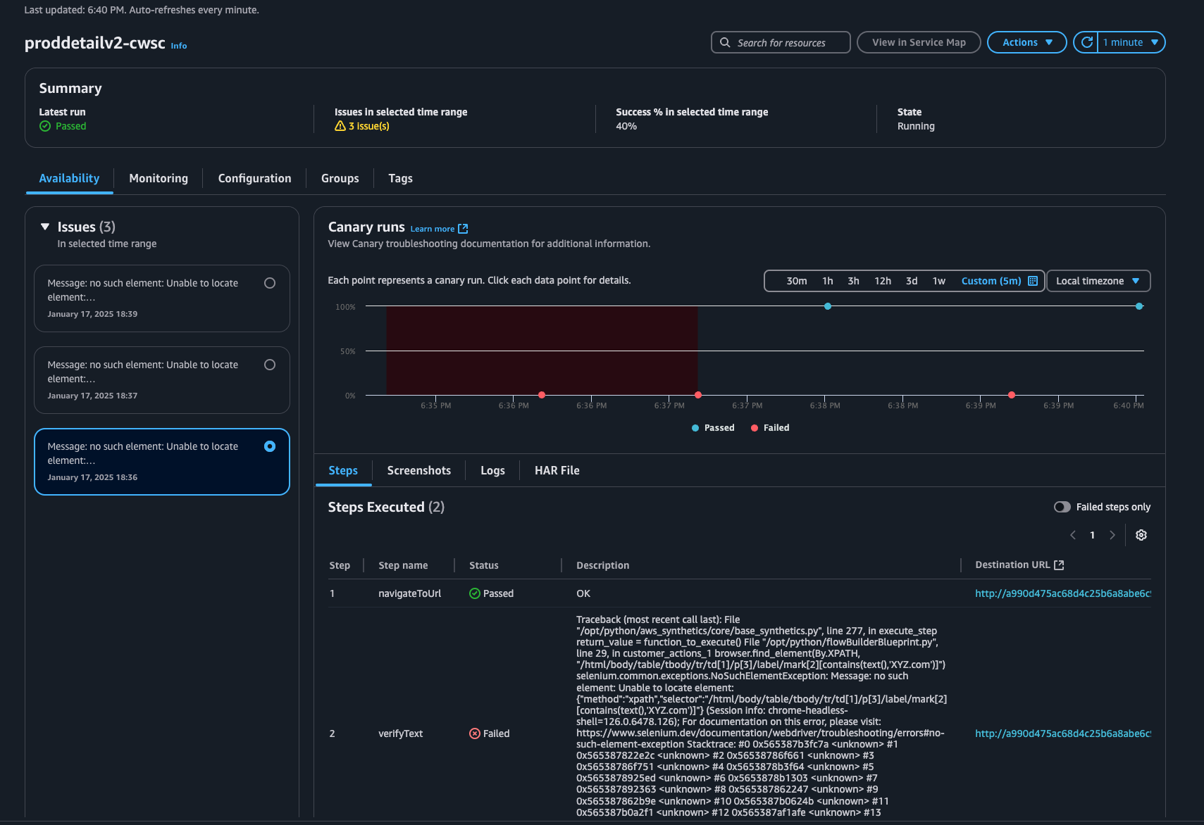 CloudWatch Synthetic canaries run steps showing the step name and its status